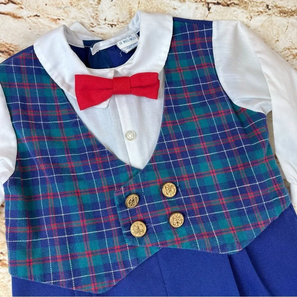 Vintage 80s Alexis Plaid Vest Baby Romper with Red Bow Tie